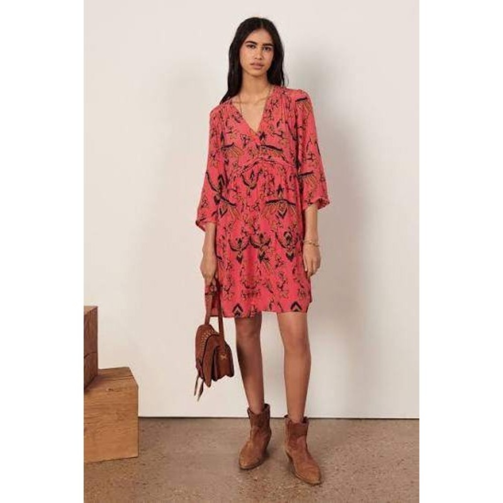 ba&sh Calix Mini Dress Women Size 0/XS Rose Pink Floral V-Neck 3/4 Sleeve Boho